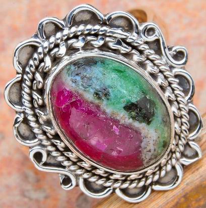 23mm NATURAL RUBY ZOISITE SILVER RING-sz8.5